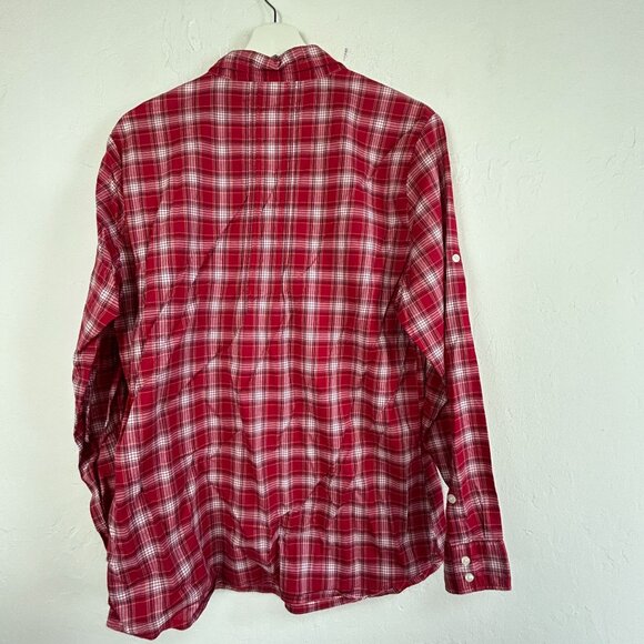 L.L.Bean Womens Red Plaid Long Sleeve Pintuck Button-Up Shirt Large 100% Cotton - Picture 2 of 7